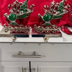 2 Festive Red and Green Sleigh Stocking Holders